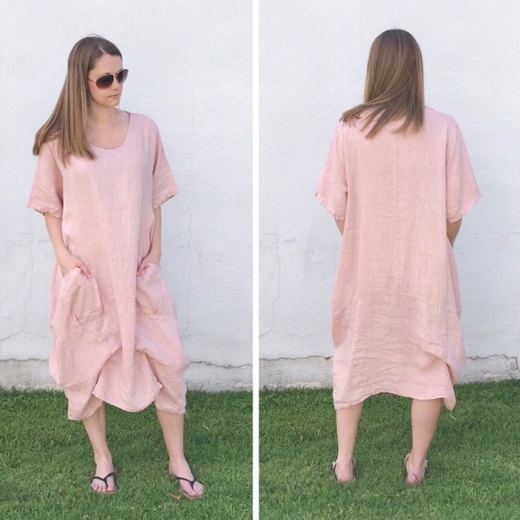 Dresses & Skirts - Plus Size 100% Italian Washed Linen Dress Pink NEW